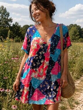 Andrée by Unit Patchwork Floral Boho Babydoll Tunic Dress Rayon Lined Size L